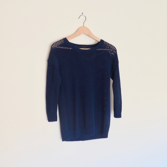 J Crew Beach Navy Knit Crochet Drapey Sweater - Picture 2 of 8